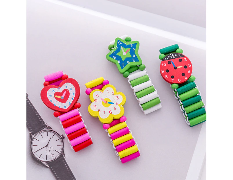 Colorful Heart Star Flower Kids Wooden Bracelet Watch Elastic Wristband Toy Random Color