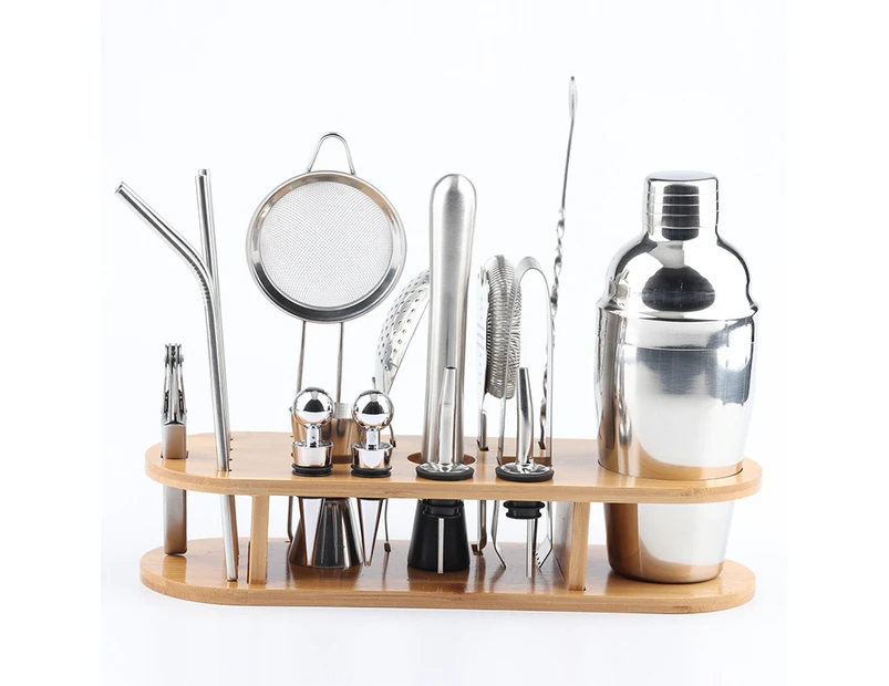 18 in 1 Stainless Steel tail Shaker Set, Oval Bamboo Base, Bar Tool Set, Specification: 550ml