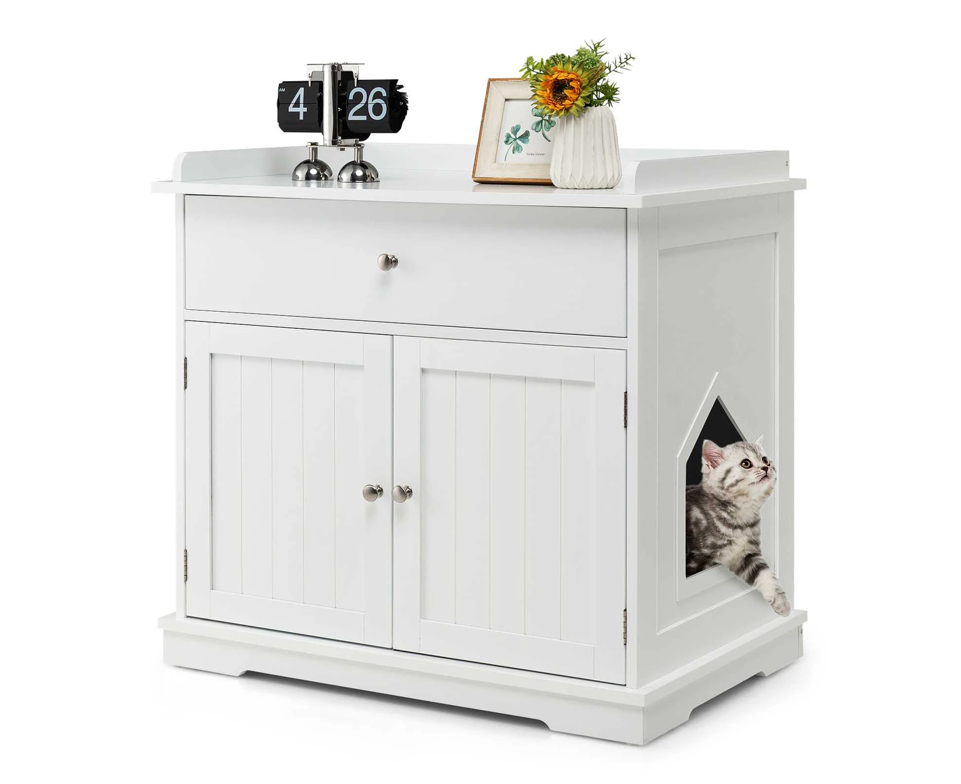 Costway 4-IN-1 Wood Side Table Nightstand Cat Litter Cabinet Enclosure Hidden Kitten House Pet Furniture w/2 Doors & Drawer