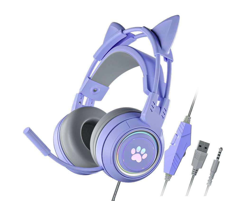 Gaming Headset RGB Light PC Wired Stereo Headphones Pink Cat Ear with Microphone for Laptop/ PS4/Xbox One Controller - Purple