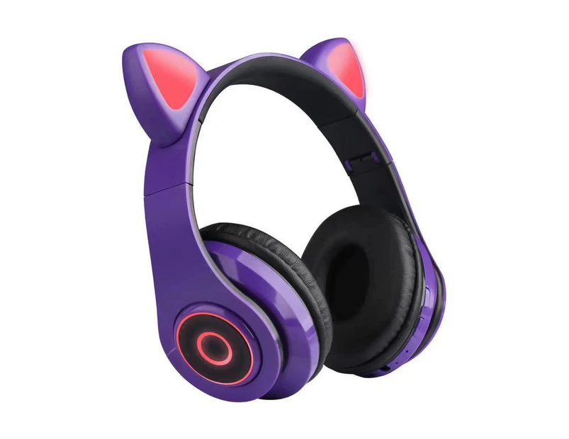 Game Headset Bluetooth Wireless Cat Earphone Rabbit Ear LED w/Mic Headphone For Kids Girls - Purple