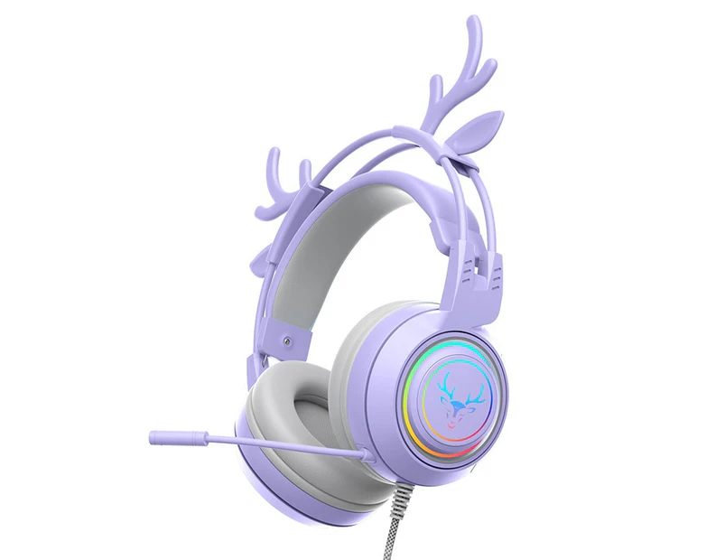 Wired Gaming Headphones HD Microphone 3D Space Sound RGB Lighting Laptop Headset Antlers Pink Cute Earphone - Purple