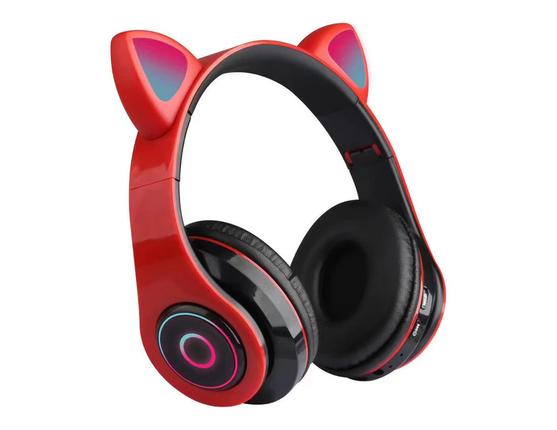 Game Headset Bluetooth Wireless Cat Earphone Rabbit Ear LED w/Mic Headphone For Kids Girls - Red