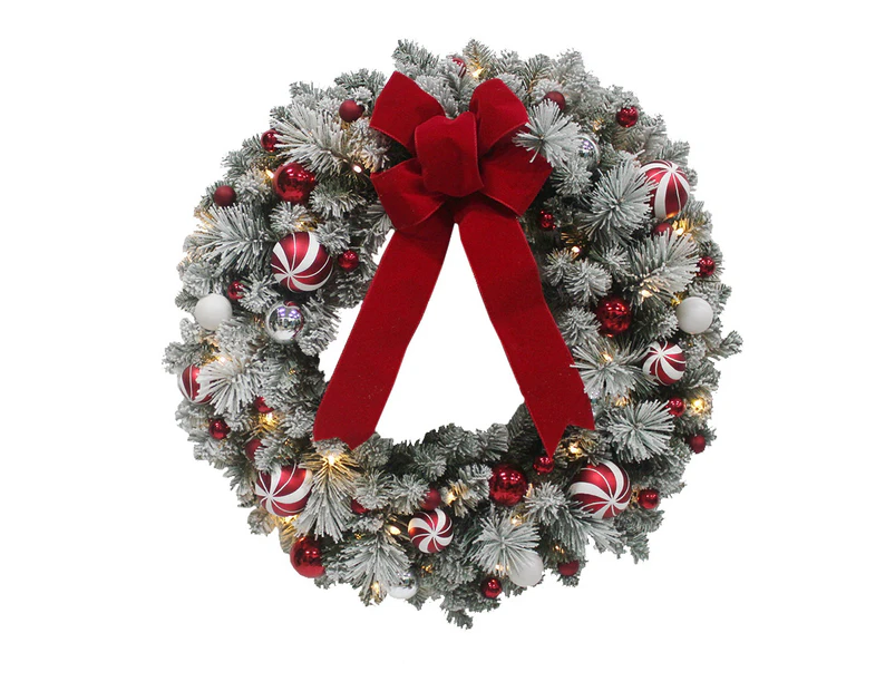Pre Lit 60cm Wreath Snowy Flocked Decorated 30 LED