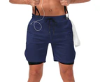 Loose Sport Shorts Stretchy Double Layers Quick Drying Running Shorts for Men Navy Blue