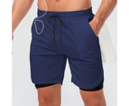Loose Sport Shorts Stretchy Double Layers Quick Drying Running Shorts for Men Navy Blue