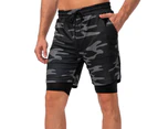 Loose Sport Shorts Stretchy Double Layers Quick Drying Running Shorts for Men Black Camouflage