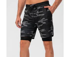 Loose Sport Shorts Stretchy Double Layers Quick Drying Running Shorts for Men Black Camouflage