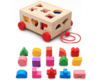Wooden Pull Along Car Shape Sorter Matching Blocks Box Kids Intelligence Toy