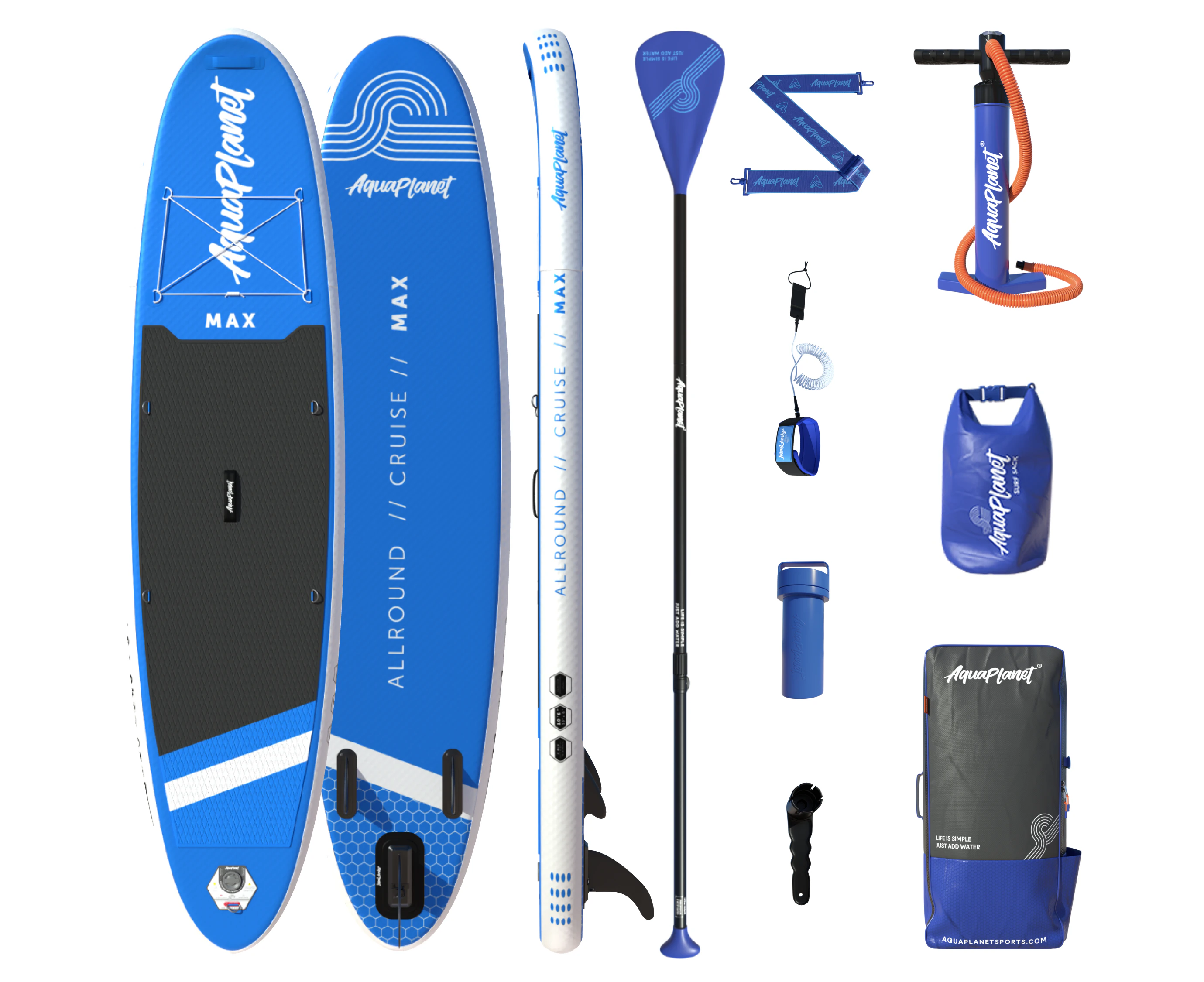 Aquaplanet MAX SUP Package | Stand Up Inflatable Paddle Board Kit | 10’6″ Long - Blue and White