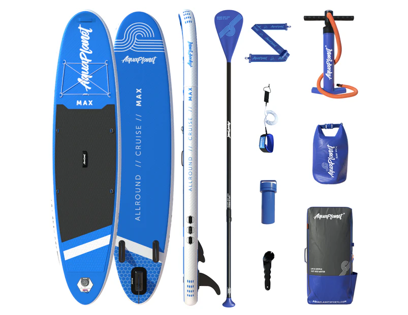 Aquaplanet MAX SUP Package | Stand Up Inflatable Paddle Board Kit | 10’6″ Long - Blue and White