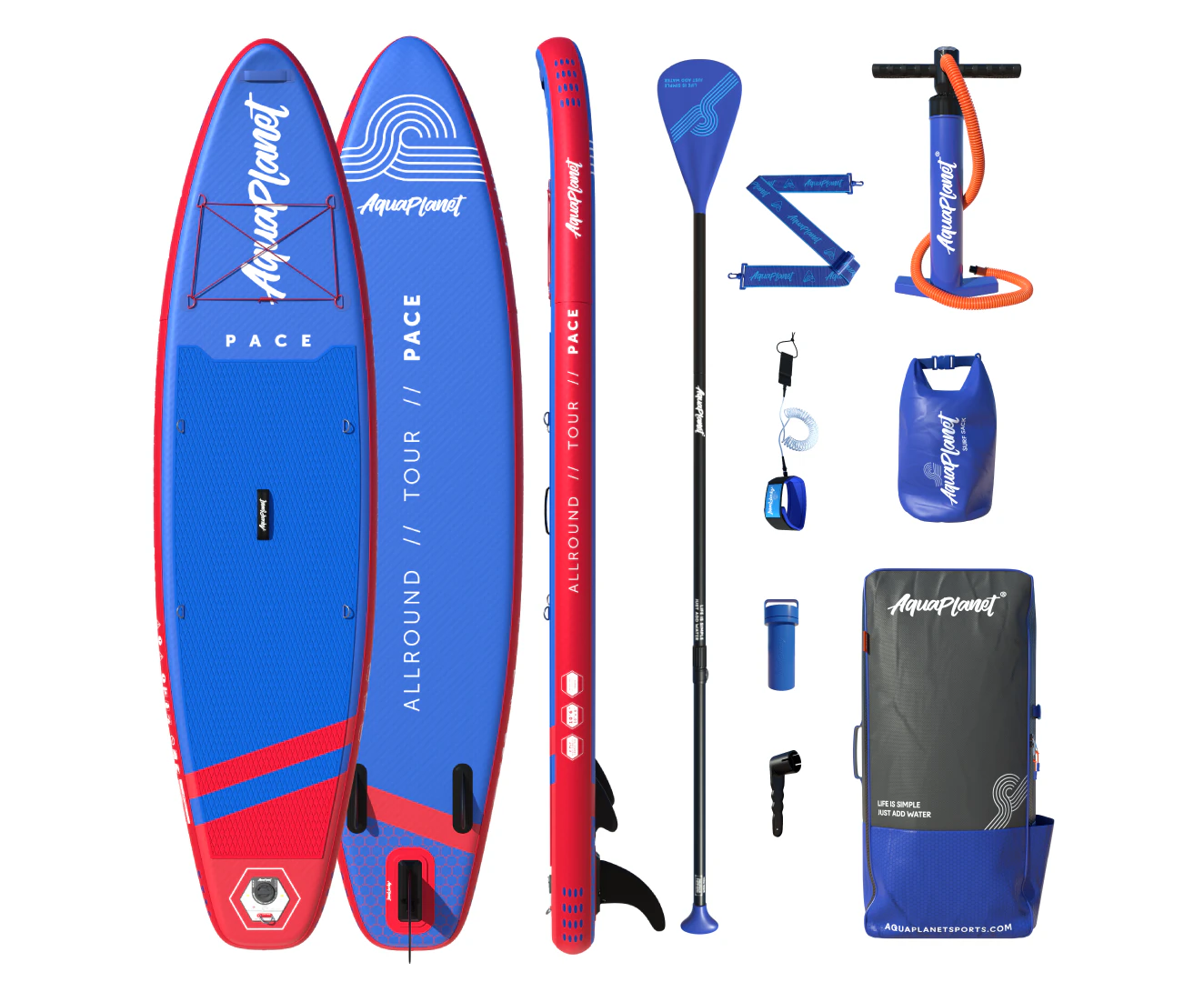 Aquaplanet PACE SUP Package | Stand Up Inflatable Paddle Board Kit | 10’6″ Long - Red & Blue