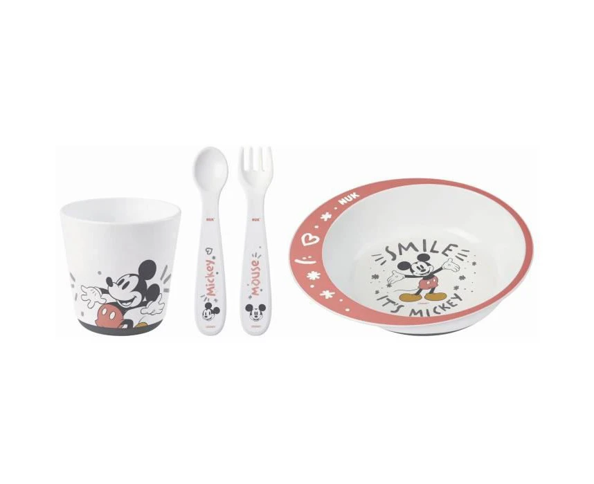 NUK Disney Mickey Crockery Set | from 6 Months | Includes Plate, Fork, Spoon and Cup | Disney Mickey Mouse | 4 Pieces