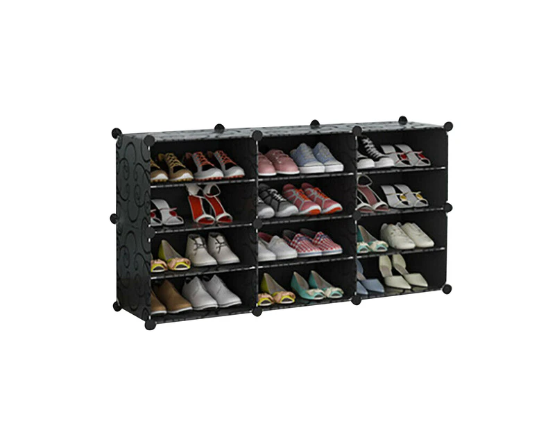 Black DIY Cube Shoe Cabinet Rack Storage Stackable Organiser 3 Column 4 Row - Clear Door