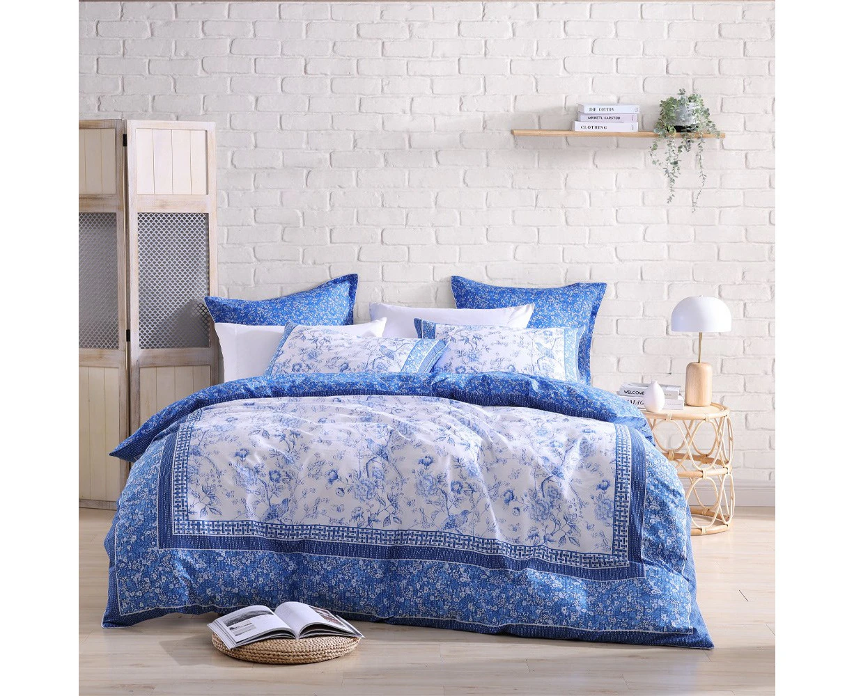 Logan And Mason Hiromi Blue Cotton - Rich Percale Print Quilt Cover Set Queen