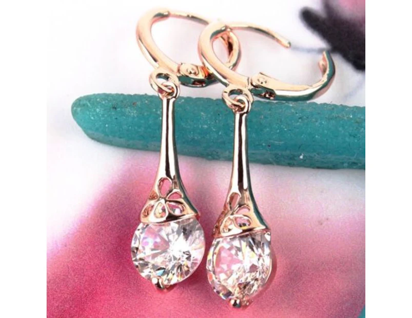 Rose Gold White Crystal Water Drop Teardrop Dangle Pierced Earrings Women’s Gift
