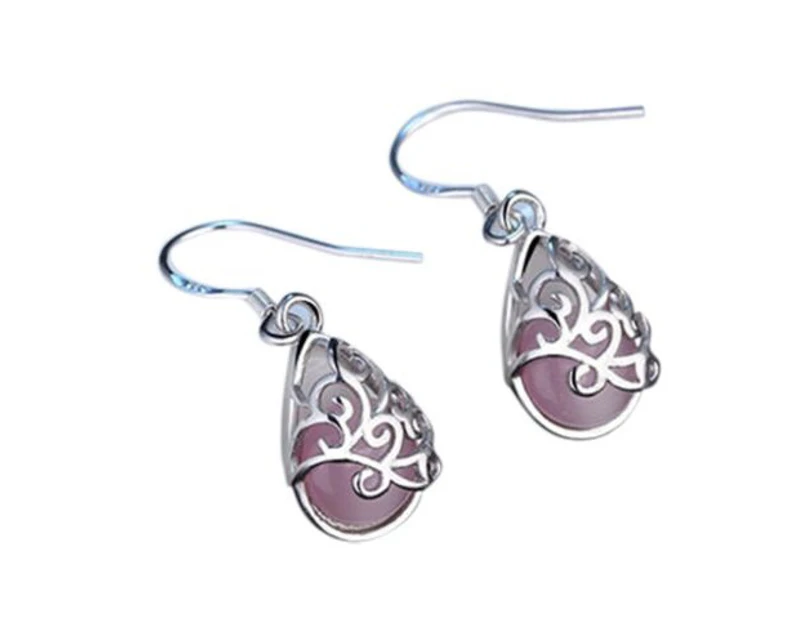 Pink 925 Sterling Silver Opal Moonstone Teardrop Water Drop Dangle Pierced Earrings