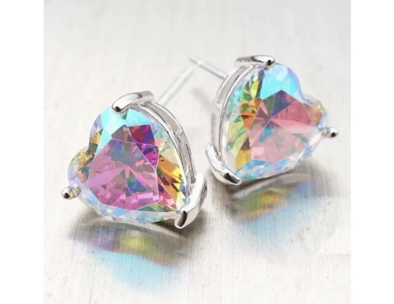 Rainbow Topaz Crystal Iridescent Love Heart Sterling Silver Filled Stud Earrings