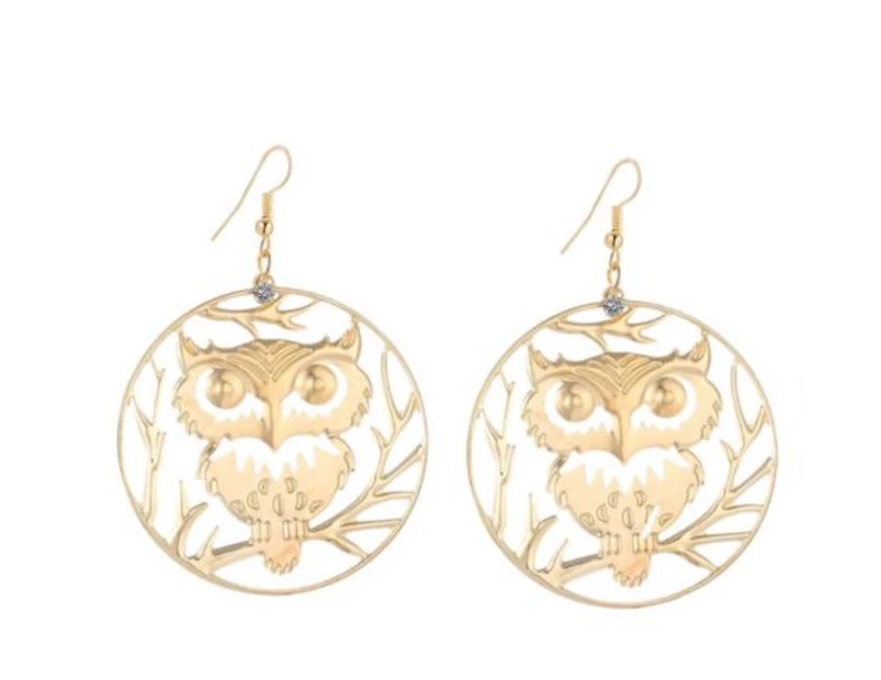 OWL Gold Crystal Round Hoop Drop Dangle Pierced Earrings Women Gift