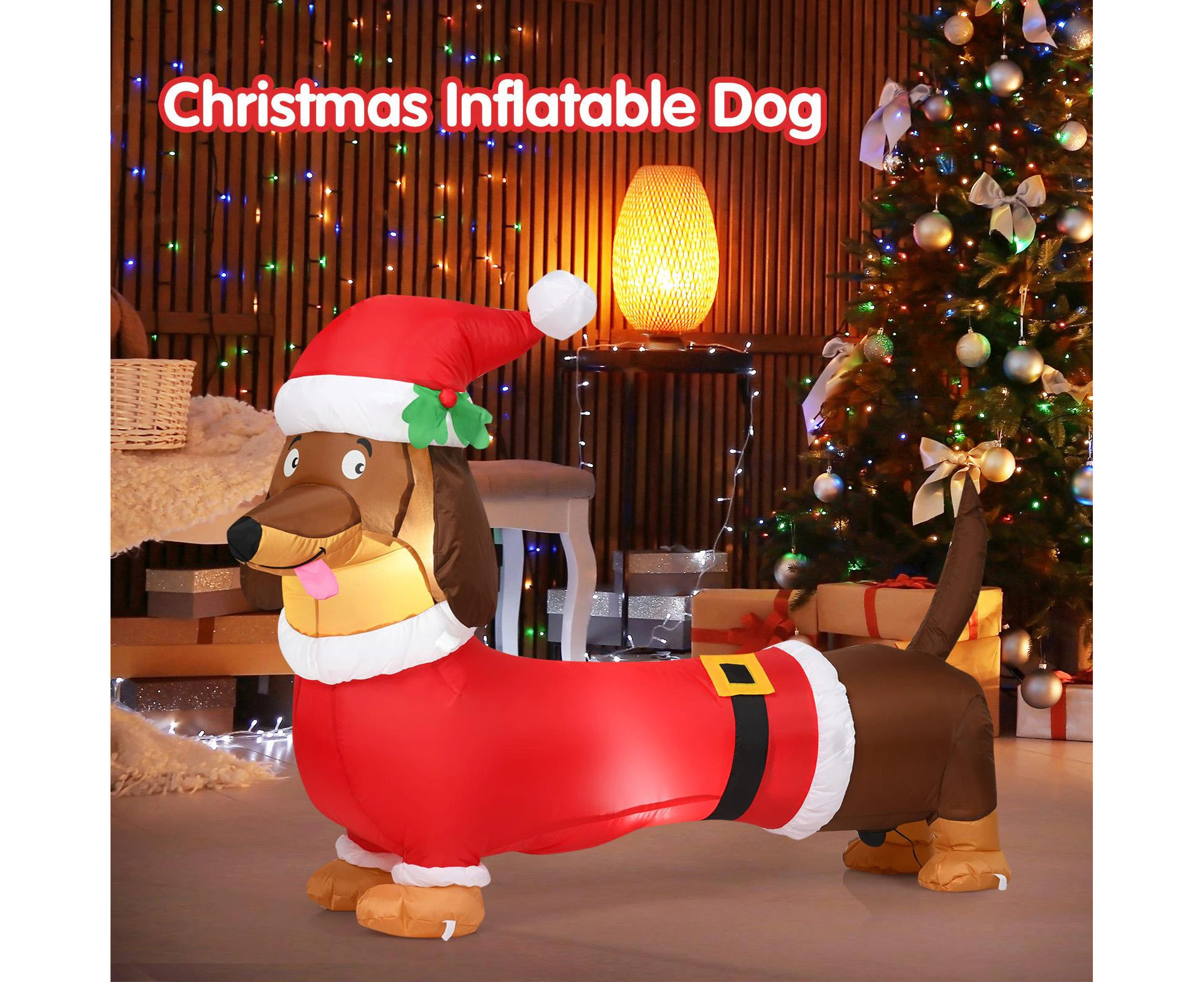 Costway 160cm Lighted Christmas Inflatable Sausage Dog Xmas Indoor Outdoor Decoration Home Party