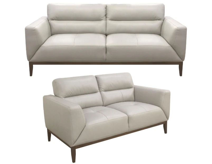 Downy  Genuine Leather Sofa Set 3 + 2 Seater Upholstered Lounge Couch - Silver