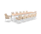 Outdoor Balmoral 3.55M Outdoor Teak Top Aluminium Table With 12 Hugo Chairs - Outdoor Aluminium Dining Settings - White w/ Cream Rope & Cream Cushion