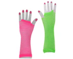 Long Neon Green and Pink 80s Fishnet Costume Gloves