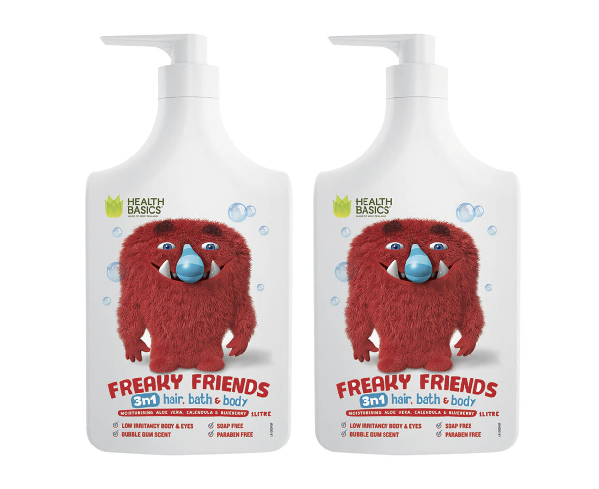 2x Health Basics Freaky Friends Body/Bath Wash 1L Baby/Kids Bubblegum Scent