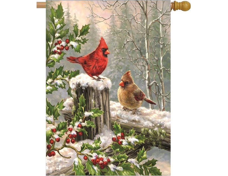 Spring House Flags 12 x 18  Double Sided, Cardinal Red Bird Holly Berry Branches Snow Welcome Winter Holiday Yard Outdoor Garden Flag Banner