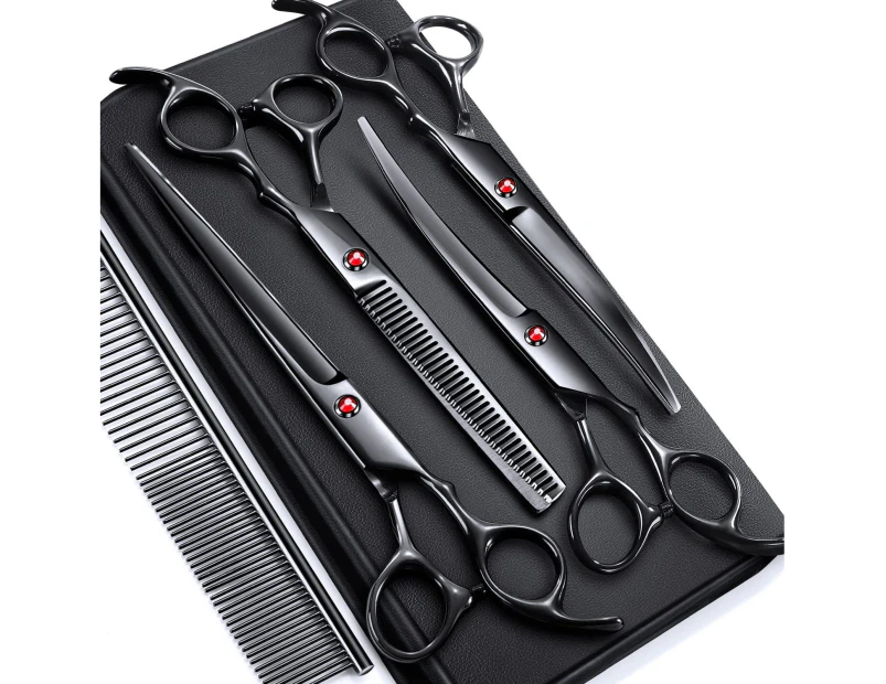 7.0in Stainless Steel 6 in 1 Professional Dog Grooming Scissors Kit, Heavy 4CR Titanium Coated Straight & Thinning & Curved Shears & Comb Set