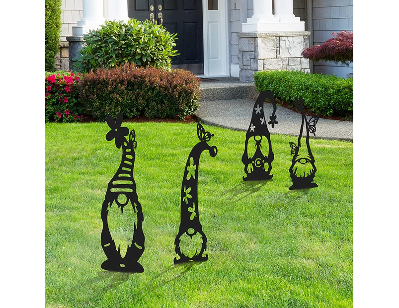 4Pcs Steel Garden Gnomes Decoration, Creative Cutout Dwarf Lawn Sculptures, Standing Metal Gnome Branch