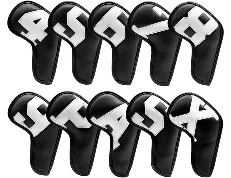 Golf Iron Club Head Covers Set Headcovers for S5 - Big Colorful Number - Long Neck - Black Pu Leather(Black+White Number)