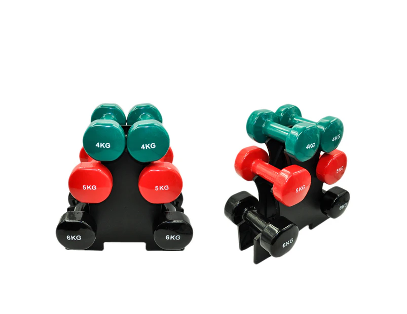 3 Pairs PVC Dumbbell Set Weight - 4kg + 5kg + 6kg - Total 30kg With 1 Free Rack