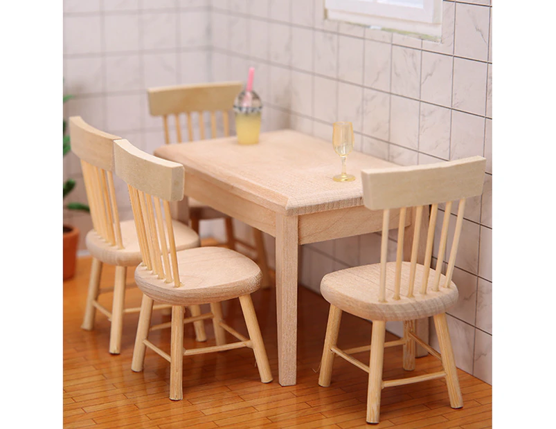 1 Set 1:12 Doll House Chair Hand-made Realistic Unpainted Decorative Mini Dollhouse Dining Table Kit Furniture Accessories for Gift