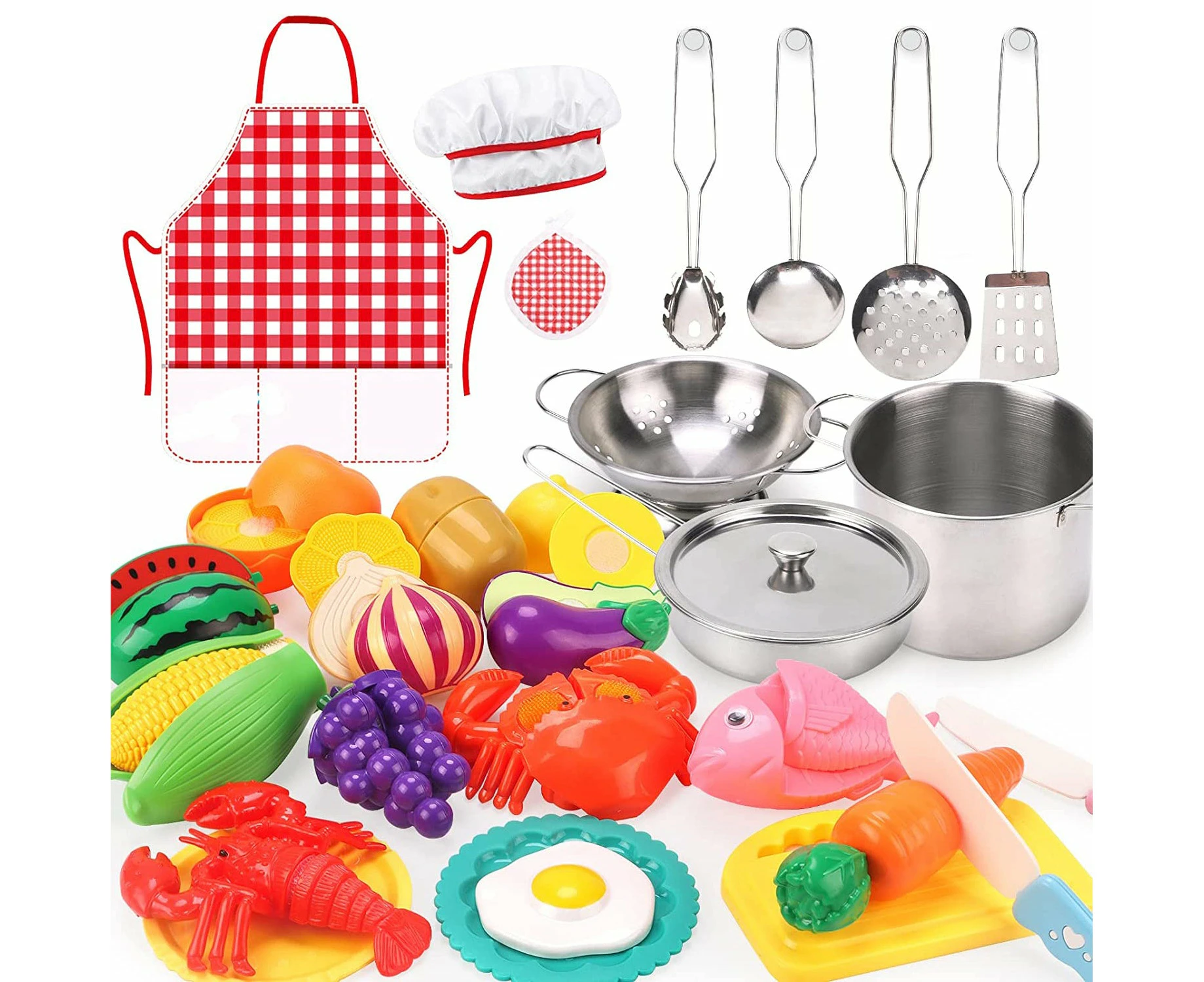 Kids Kitchen Pretend Play Toys Cooking Set with Stainless Steel Cookware