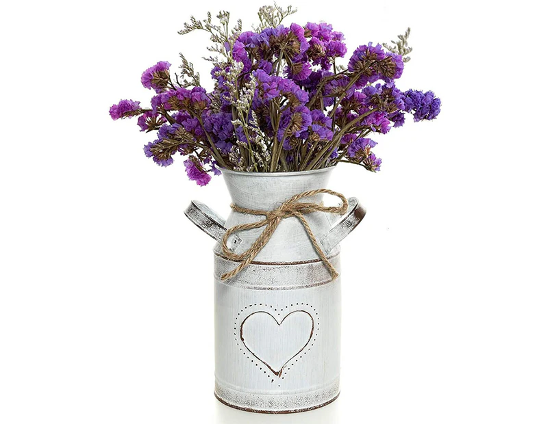 Rustic Milk Jug Vase Metal Milk Can Decor White Farmhouse Vase with Heart-Shaped for Wedding, Home, Living Room, Bathroom, Dining Table, Desk, Office