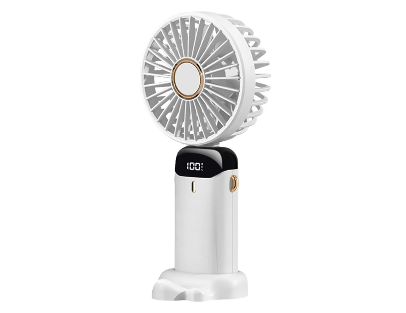 1 Set 10000mAh LED Real-time Display Handheld Fan with Lanyard Adjustable 5 Speeds Folding Fan Rechargeable Ultra Quiet Desktop Fan for Summer - White