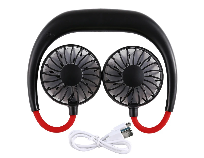 1 Set 1200mAh 7 Blades 3 Adjustable Speed USB Rechargeable Hanging Neck Fan High Flexibility Indicator Light Hands Free Wearable Fan for Outdoor - Black & Red