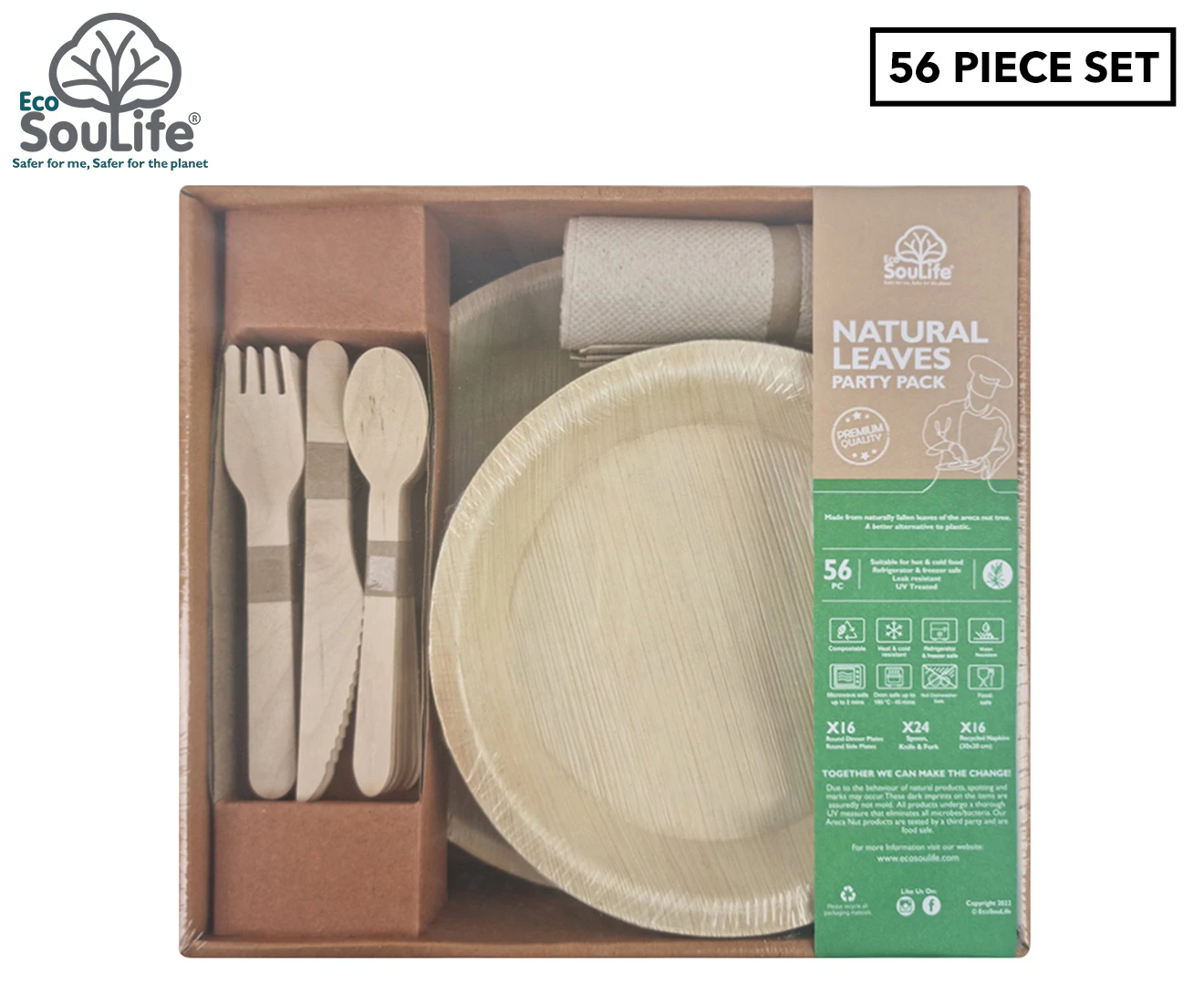 56pc Ecosoulife Disposable Compostable Leaves Food Plate/Napkins Cutlery Pack