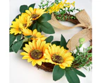 Artificial Sunflower Wreath Decoration, Wreath Front Door Mini Sunflower Wreath with Bow and Green Leaves,35cm