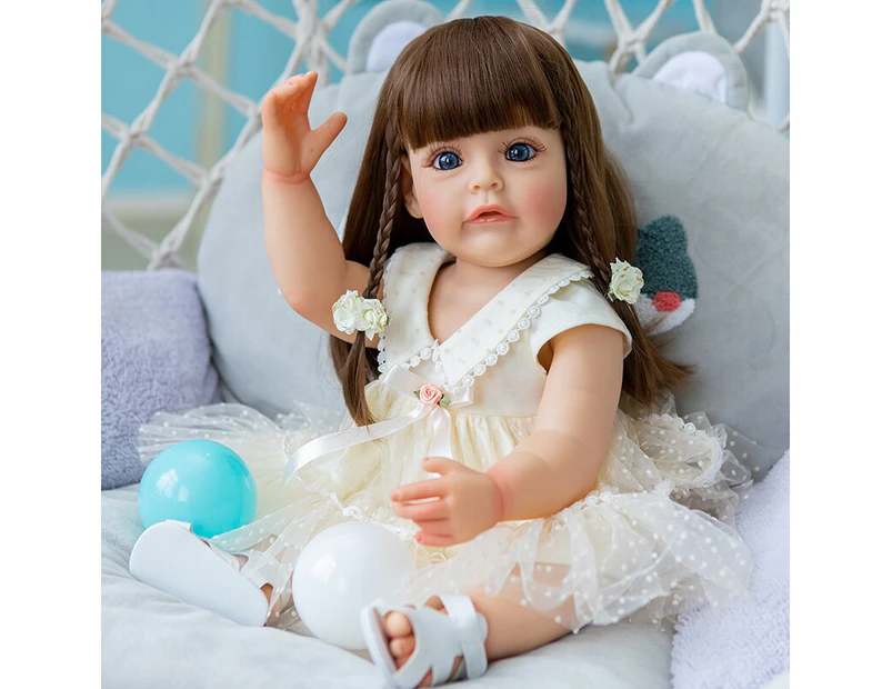 55cm Reborn Doll Full Body Silicone Sue-Sue Hand-detailed Painting with Brown Long Wig Hair for Child Christmas Gift