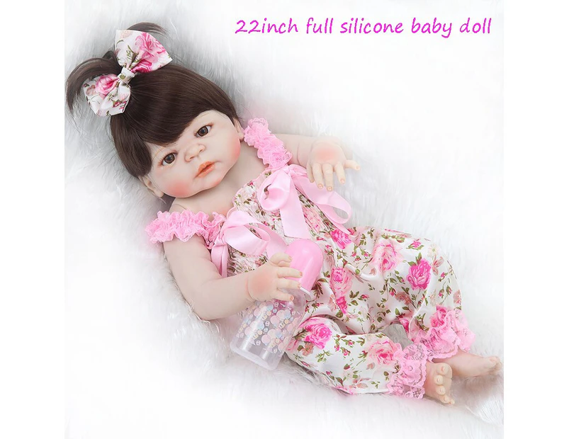 Bebes Reborn Doll 57CM Full Body Silicone Girl Doll Reborn Baby Bath Toy Lifelike Newborn Girl Doll In A Floral Dress