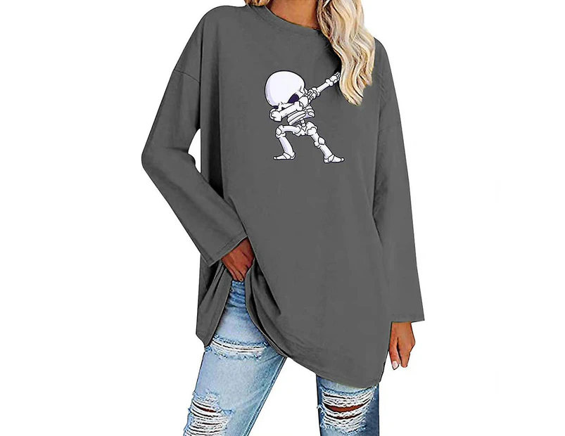 Women Halloween Skeleton Print Long Sleeve Crew Neck Casual T-shirt Tunic Tops - Grey