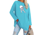 Women Halloween Skeleton Print Long Sleeve Crew Neck Casual T-shirt Tunic Tops - Sky Blue