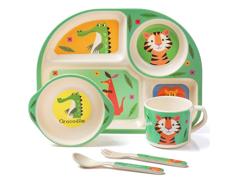 Bamboo children's tableware set, 5-piece tableware set plate, bowl, spoon, fork, cup, recycled natural material bpa free