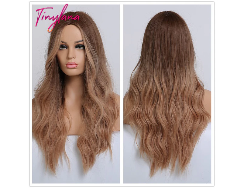 TINY LANA Synthetic Long Wave Wigs Middle Part Ombre Red Brown Wigs For Black White Women Cosplay Party Use Heat Resistant Fiber