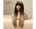 TINY LANA Synthetic Long Silky Straight Wigs For Women with Bangs Ombre Blonde Root Dark Brown Wigs Daily Party Heat Resistant