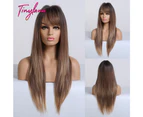 TINY LANA Synthetic Long Silky Straight Wigs For Women with Bangs Ombre Blonde Root Dark Brown Wigs Daily Party Heat Resistant