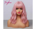 TINY LANA Synthetic Medium Short Pink Wigs with Bangs Colorful Bob Wavy Wigs for Women Cosplay Party Wigs Heat Resistant Fiber