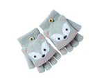 1 Pair 6-10 Years Boys Girls Gloves Cartoon Fox Half Finger Winter Animal Pattern Stretchy Gloves for School Style4